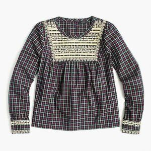 NEW J. Crew Embroidered Peasant Top in Plaid L